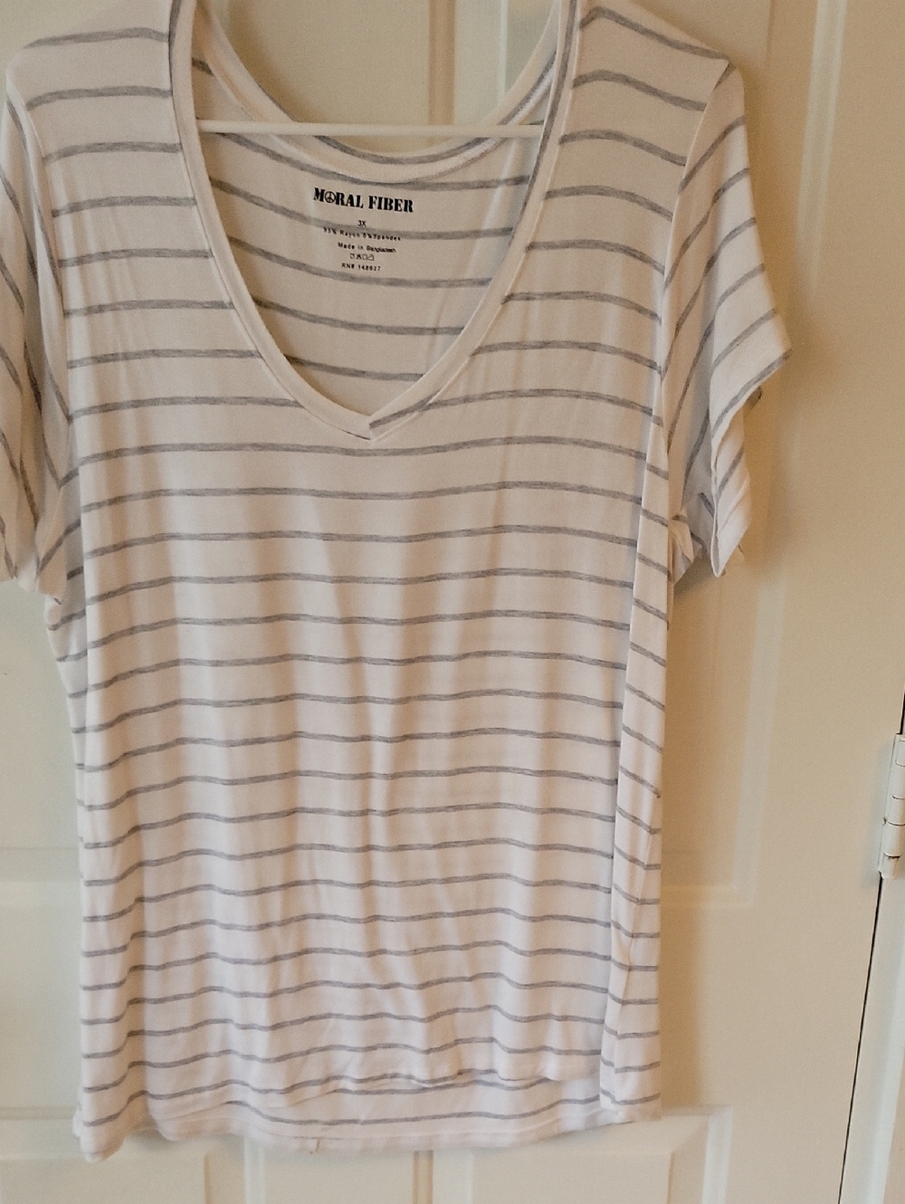 Moral Fiber White Tee with Light Gray Stripes V-Neck